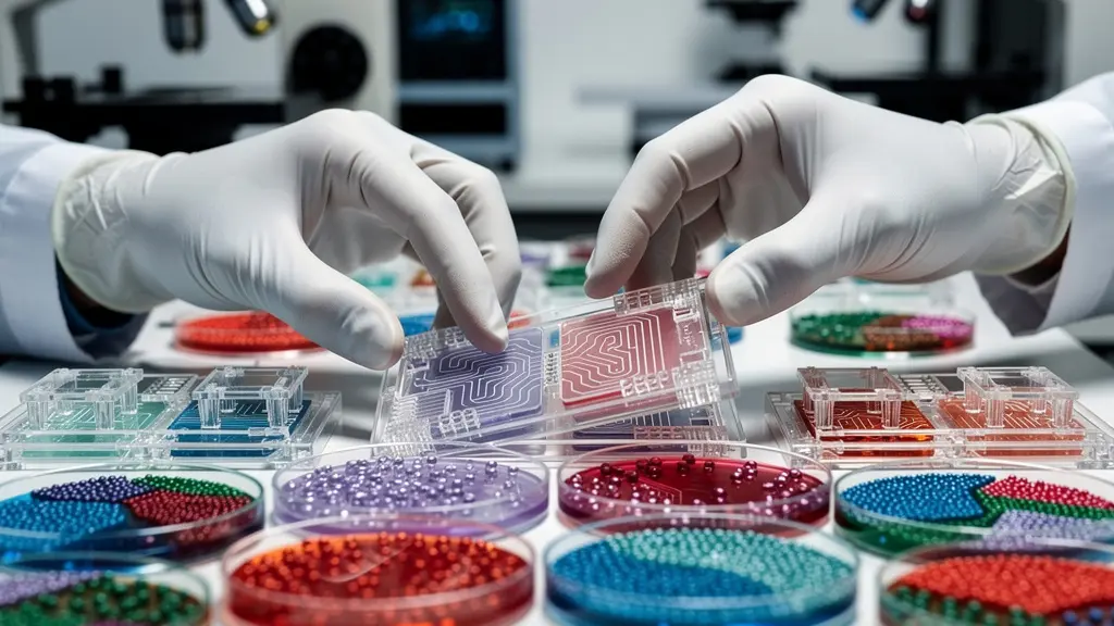 Moderne Forschungsmethoden wie Organ-on-a-Chip-Systeme als Alternative zu Tierversuchen, die das 3R-Prinzip symbolisieren.