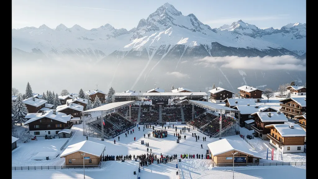 Panoramaansicht eines verschneiten Alpendorfs mit temporären Tribünen und Menschenmassen während eines Wintersportevents