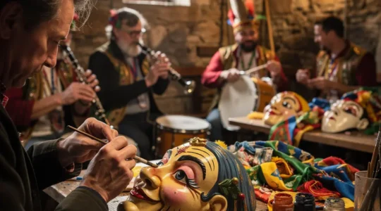 Fasnächtler beim Vorbereiten ihrer Larven und Instrumente vor der Fasnacht