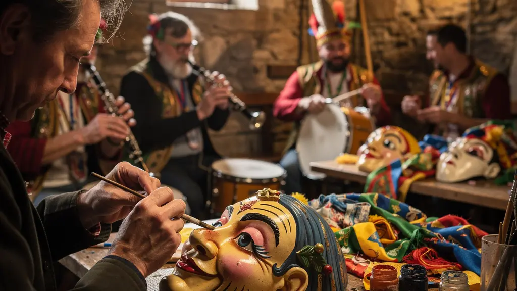 Fasnächtler beim Vorbereiten ihrer Larven und Instrumente vor der Fasnacht