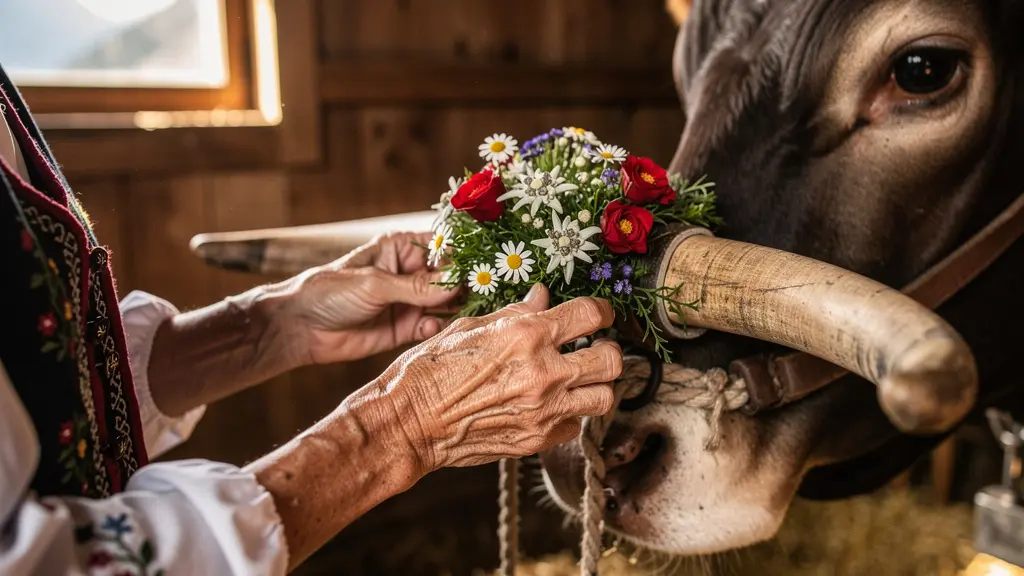 Detailaufnahme eines kunstvoll geschmückten Kuhkopfes mit traditionellem Blumenschmuck