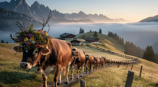 Traditioneller Alpabzug mit geschmückten Kühen auf dem Weg ins Tal in der Schweiz