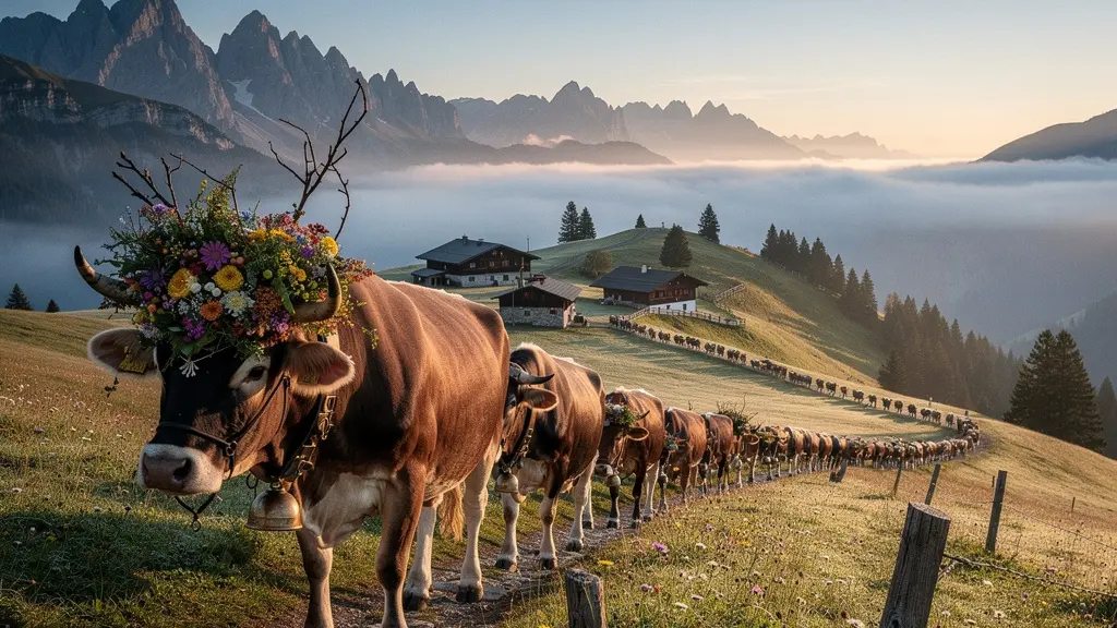 Traditioneller Alpabzug mit geschmückten Kühen auf dem Weg ins Tal in der Schweiz