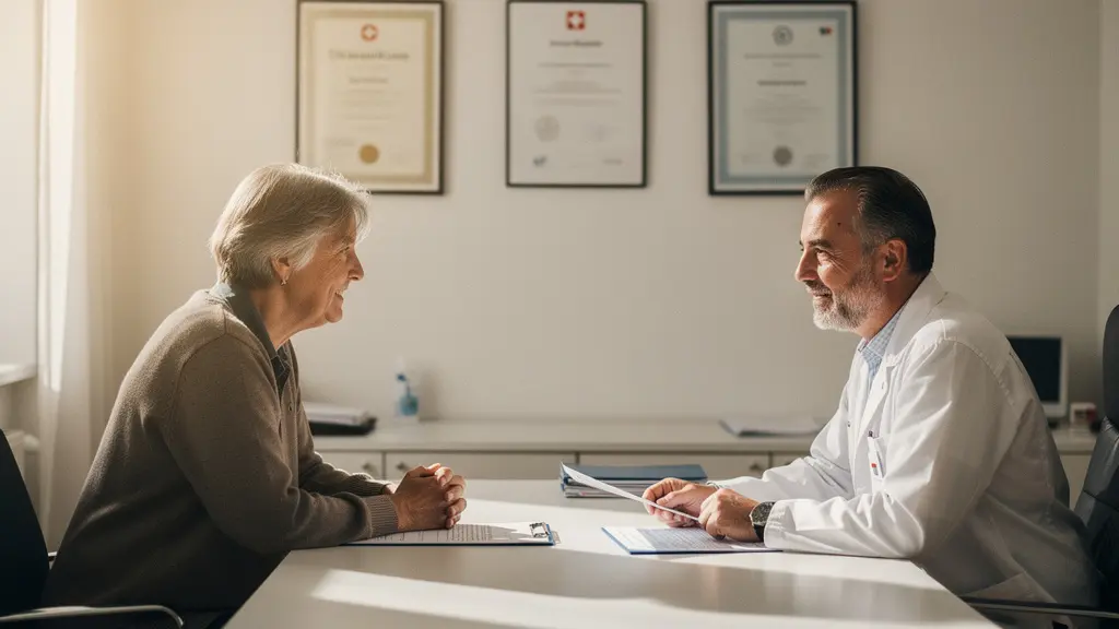 Vertrauensvolles Arzt-Patient-Gespräch über Zweitmeinung in Schweizer Praxis