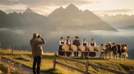 Besucher beobachtet respektvoll eine traditionelle Käseverteilung in den Schweizer Alpen