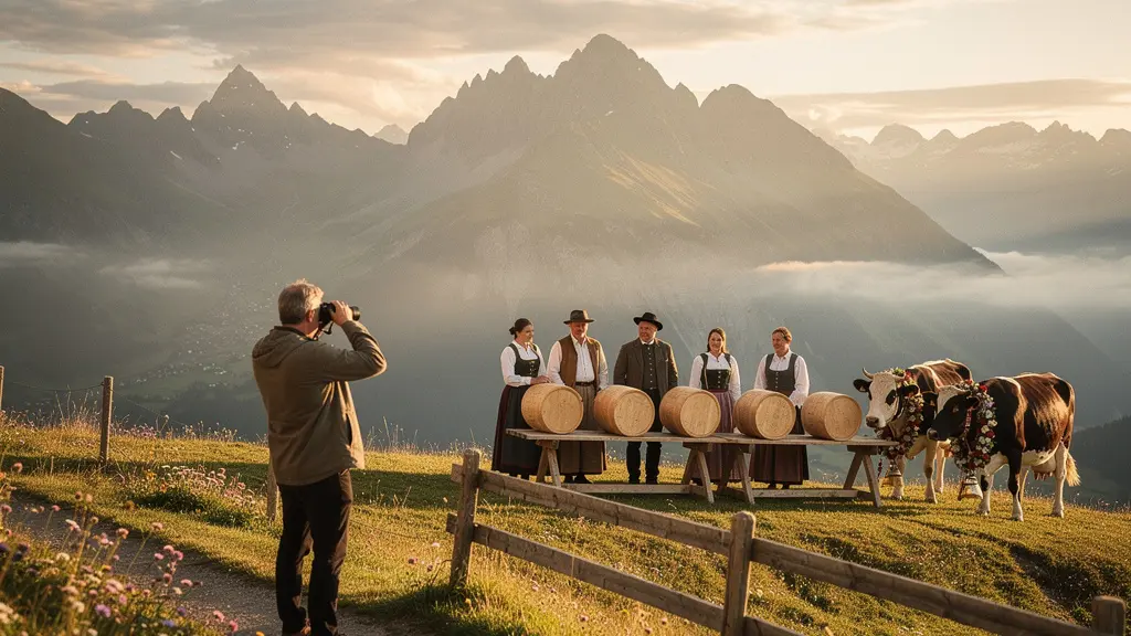 Besucher beobachtet respektvoll eine traditionelle Käseverteilung in den Schweizer Alpen