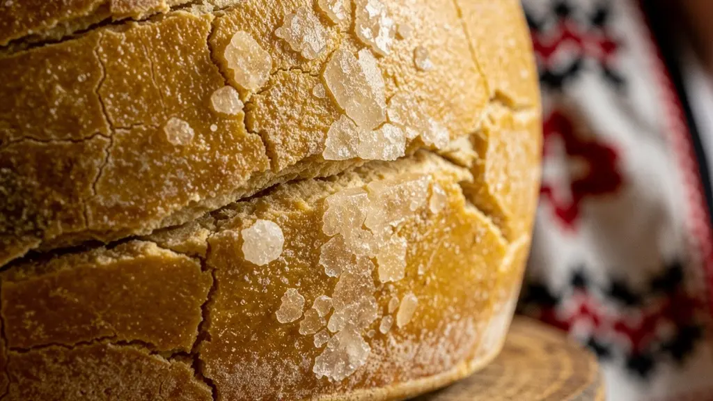 Nahaufnahme traditioneller Schweizer Käselaibe mit handgestickten Trachtendetails im Hintergrund