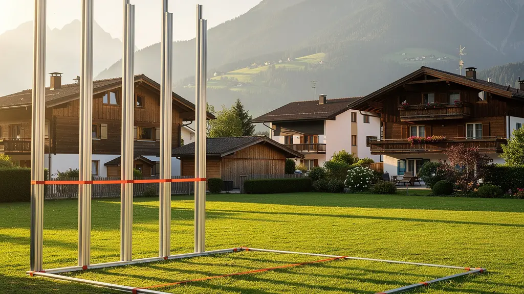 Bauprofile aus Metallstangen markieren geplante Gebäudedimensionen in einer schweizerischen Wohnsiedlung