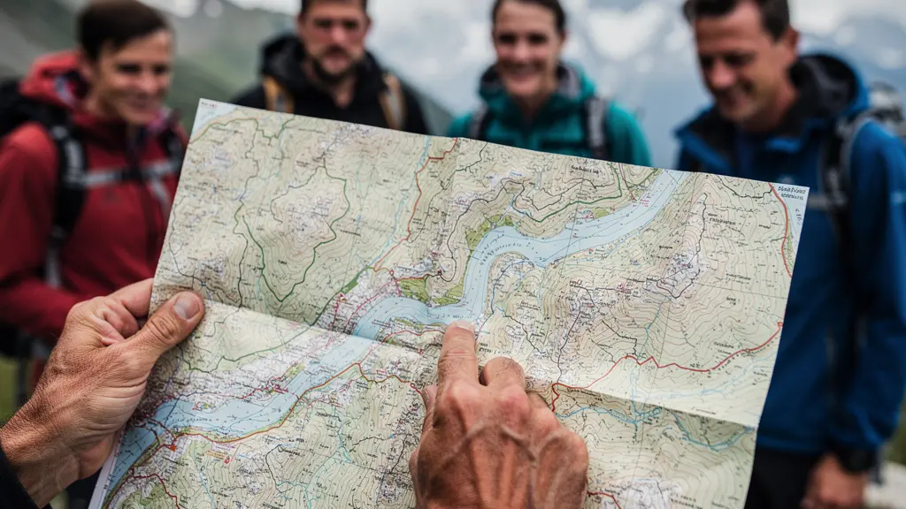 Bergführer zeigt Gruppe die Wildruhezonen auf topografischer Karte