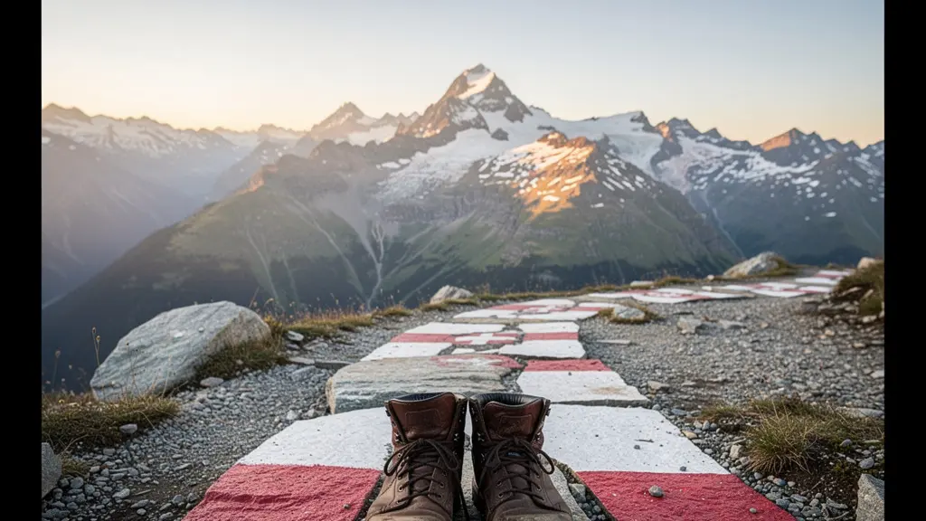 Nahaufnahme von Bergwanderschuhen auf steinigem Alpenpfad