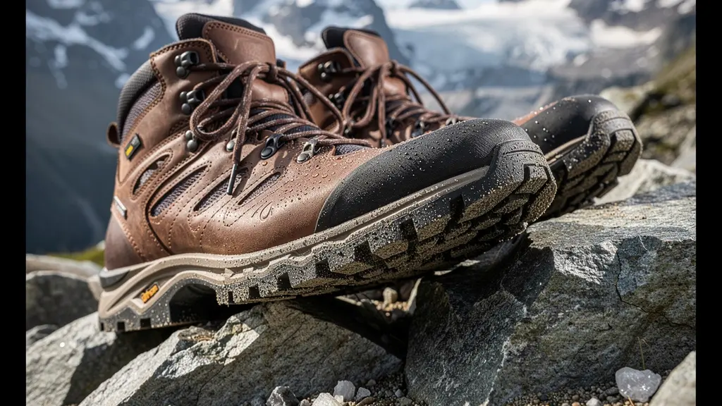 Detailaufnahme von robusten Bergwanderschuhen auf einem steinigen weiss-rot-weiss markierten Bergweg in den Schweizer Alpen