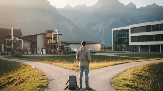 Junge Person an einer Wegkreuzung zwischen praktischer Werkstatt und moderner Universität