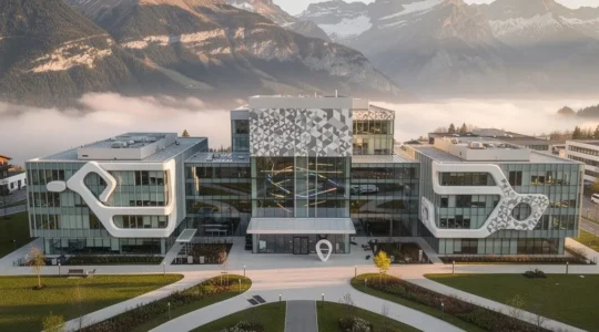 Moderne Biotech-Firmenzentrale in der Schweiz mit Laborgebäuden und Bergen im Hintergrund