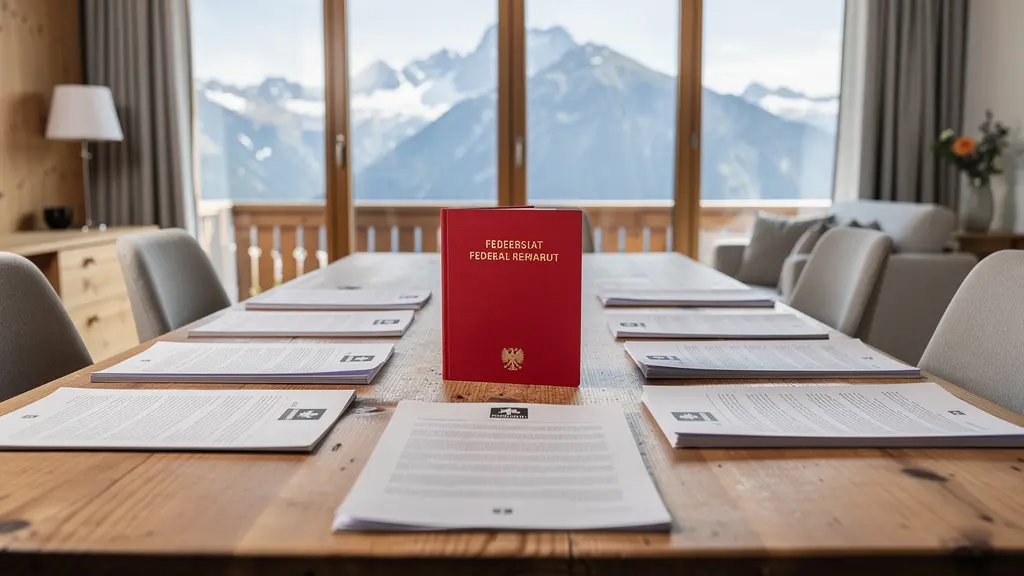 Schweizer Bundesbüchlein auf einem Holztisch mit Lesebrille