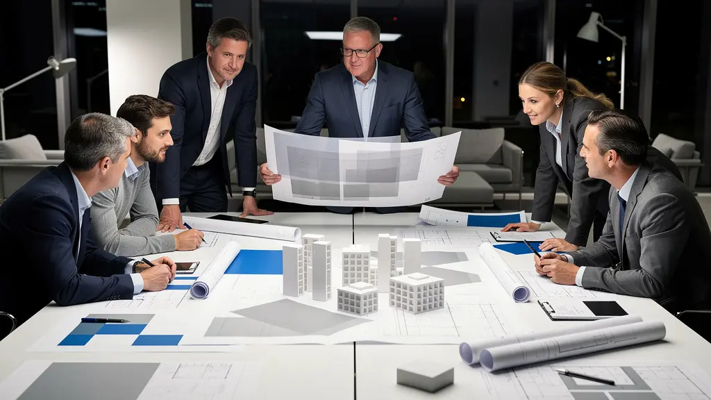 Architekten arbeiten gemeinsam an grossem Bildschirm mit Bauplänen