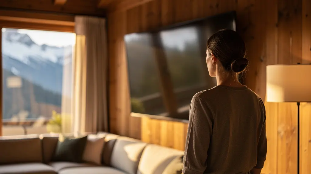 Eleganter digitaler NFT-Rahmen in minimalistischem Schweizer Wohnraum mit Bergblick