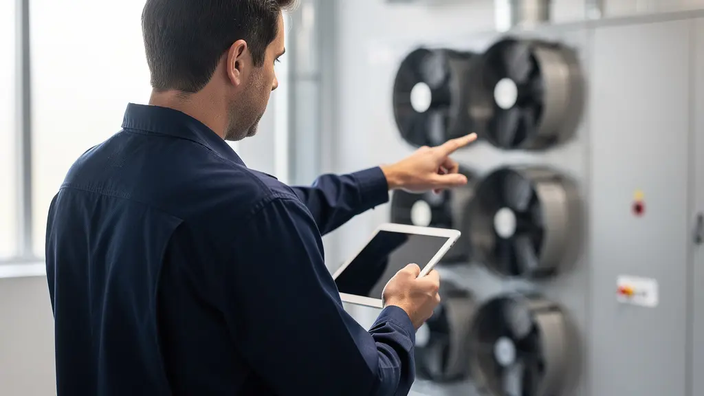 Facility Manager mit Tablet zeigt auf technische Anlage im Gebäude