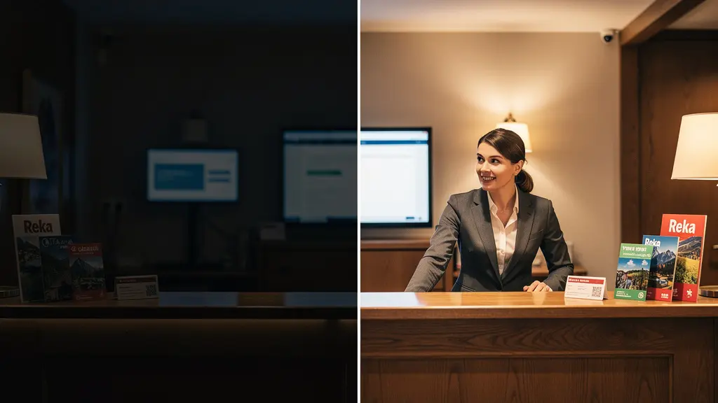Hotelrezeption mit lokalem Charme und digitalen Buchungssystemen