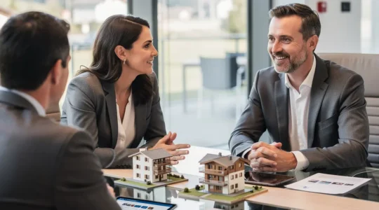 Beratungsgespräch über Eigenheimfinanzierung in einer Schweizer Bank