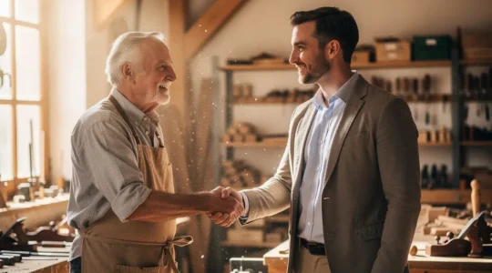 Handwerksmeister übergibt symbolisch seinen Betrieb an externen Nachfolger in Schweizer Werkstatt