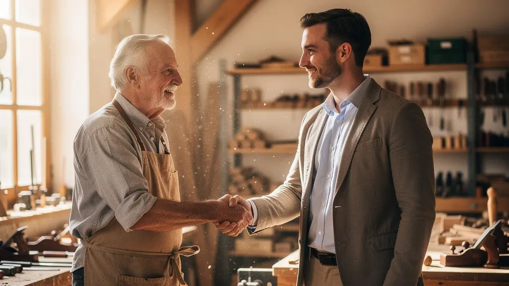 Handwerksmeister übergibt symbolisch seinen Betrieb an externen Nachfolger in Schweizer Werkstatt