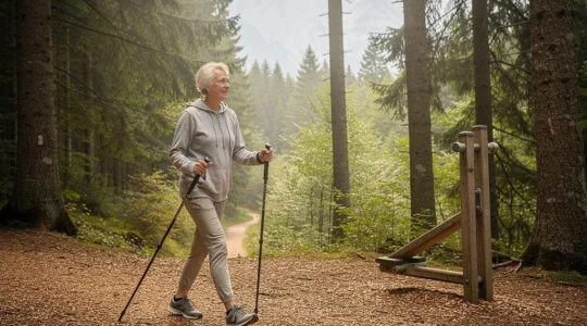 Person beim Nordic Walking auf einem waldbedeckten Vitaparcours-Weg in der Schweiz mit Bergpanorama