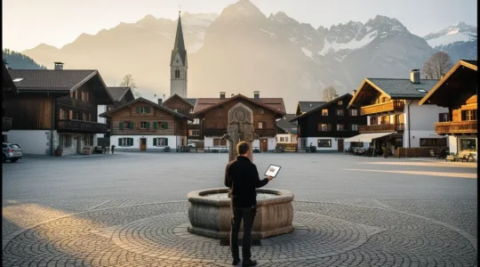 Bürger informiert sich über digitale Kanäle zur lokalen Demokratie in der Schweiz