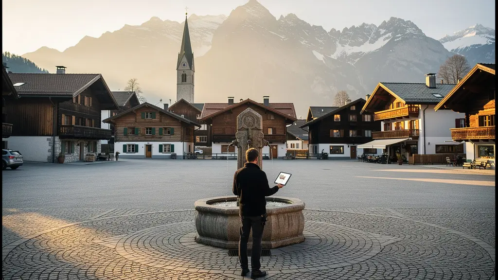 Bürger informiert sich über digitale Kanäle zur lokalen Demokratie in der Schweiz