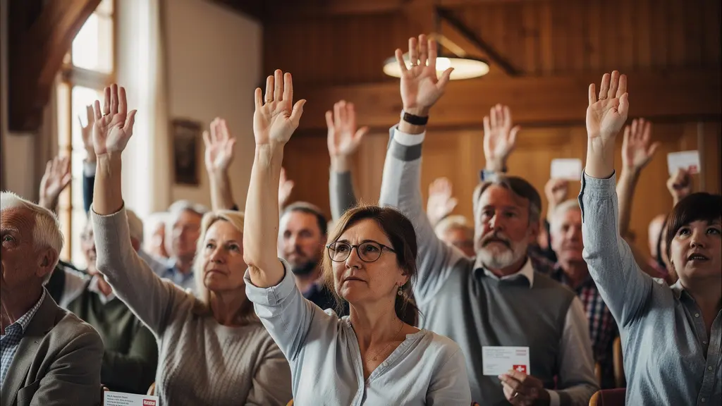 Bürger heben Hände zur Abstimmung in Schweizer Gemeindeversammlung