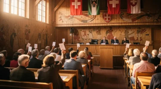 Schweizer Bürgerversammlung in historischem Gemeindesaal mit Stimmkarten