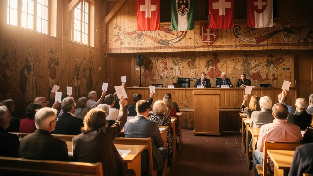 Schweizer Bürgerversammlung in historischem Gemeindesaal mit Stimmkarten