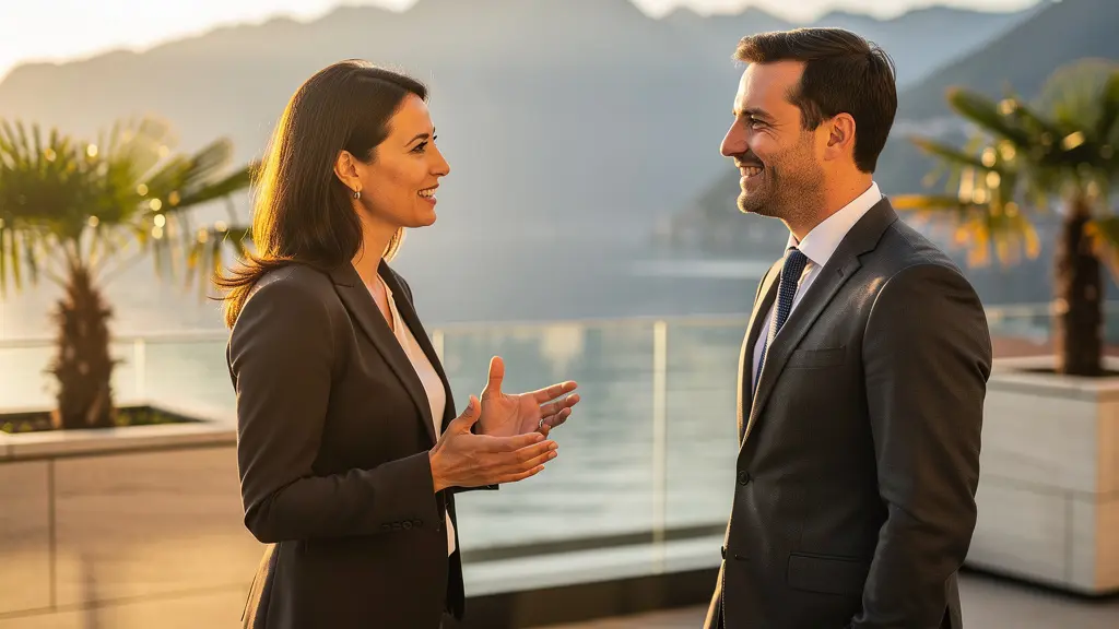 Geschäftsleute im eleganten Tessiner Büro mit Seeblick auf Lugano