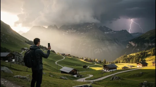 Dramatische Gewitterwolken über Schweizer Alpenlandschaft mit Smartphone-Nutzer