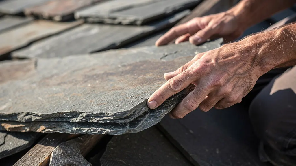 Handwerker beim Verlegen von Gneisplatten auf einem traditionellen Schweizer Berghaus-Dach