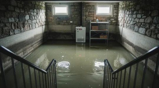 Überschwemmter Keller nach Hochwasser mit sichtbaren Wasserschäden