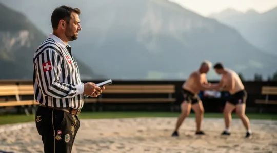 Kampfrichter bewertet einen Schwinggang im Sägemehl während eines Eidgenössischen Festes