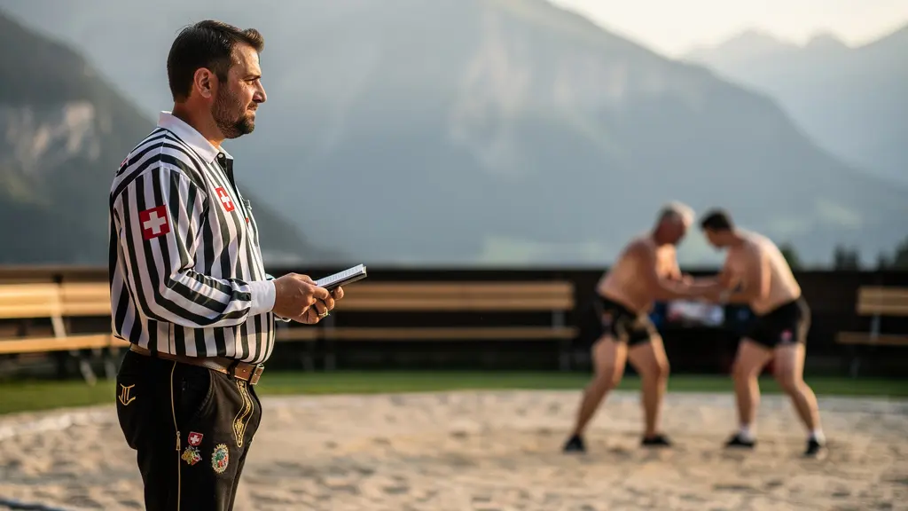 Kampfrichter bewertet einen Schwinggang im Sägemehl während eines Eidgenössischen Festes
