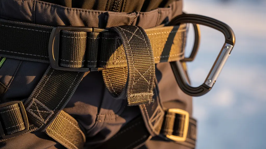 Detailaufnahme eines korrekt angelegten Klettergurts mit Karabiner