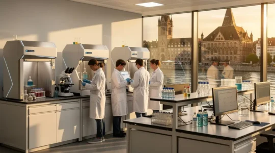 Forschungslabor mit Wissenschaftlern die an der Entwicklung neuer Krebsmedikamente arbeiten