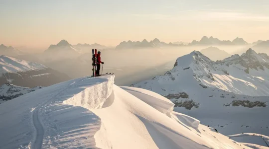Skitourengänger beobachtet Schneedecke und Hangneigung im Hochgebirge