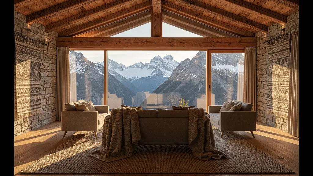 Gemütlicher Empfangsbereich eines renovierten Maiensäss mit Bergpanorama für Agrotourismus