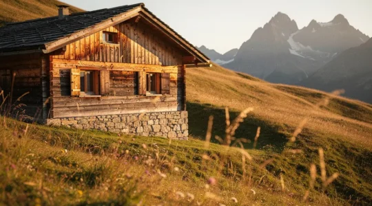 Traditionelles Maiensäss in der Bündner Berglandschaft mit Blick auf verschneite Gipfel