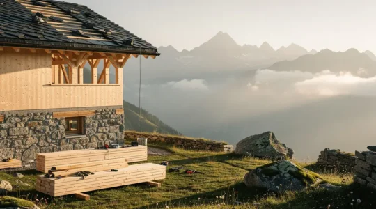 Traditionelles Maiensäss während der Renovierung in den Schweizer Alpen mit Blick auf die Berge