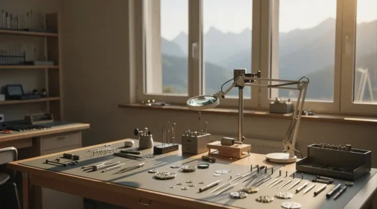 Uhrmacherwerkstatt im Schweizer Jura mit Präzisionswerkzeugen und mechanischem Uhrwerk