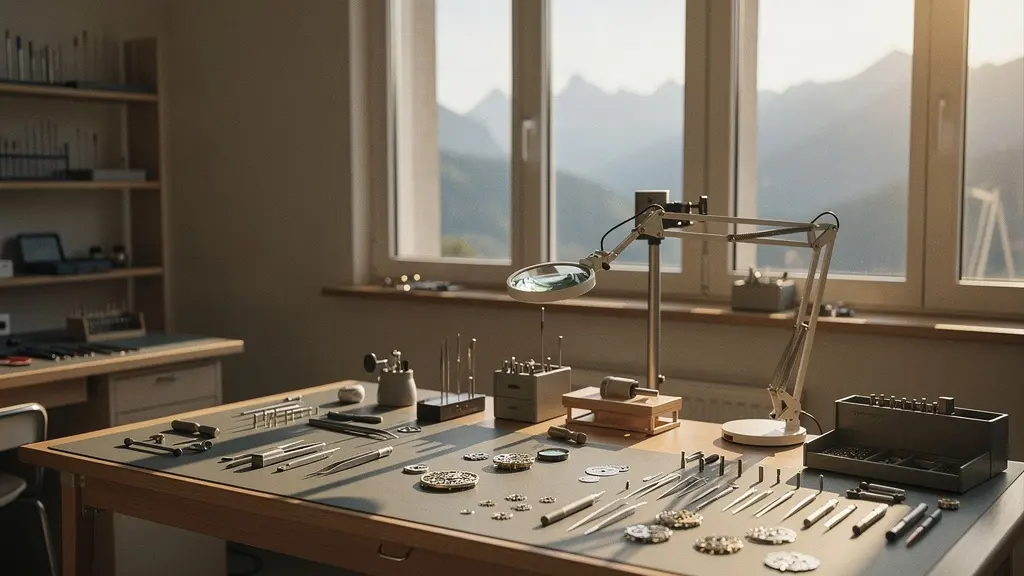 Uhrmacherwerkstatt im Schweizer Jura mit Präzisionswerkzeugen und mechanischem Uhrwerk