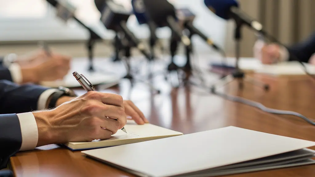 Nahaufnahme von Händen, die Notizen während einer Pressekonferenz machen