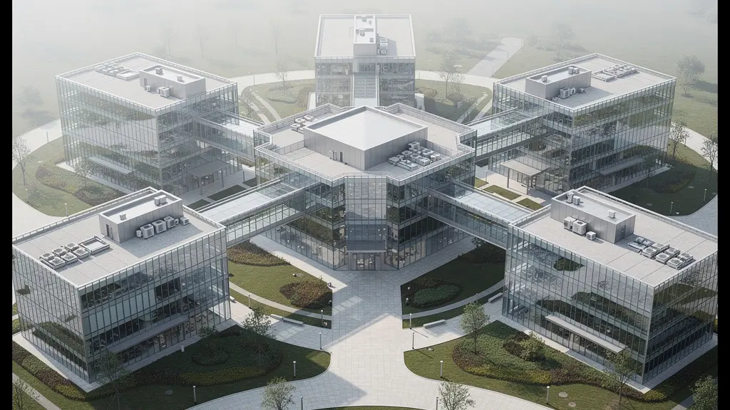 Luftaufnahme eines modernen Forschungscampus im Schweizer Mittelland, der die Vernetzung eines MedTech-Clusters symbolisiert