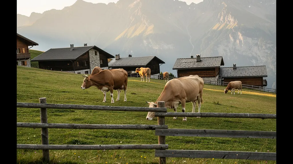 Weitwinkelaufnahme einer Alpweide mit Mutterkühen und Kälbern aus respektvoller Distanz