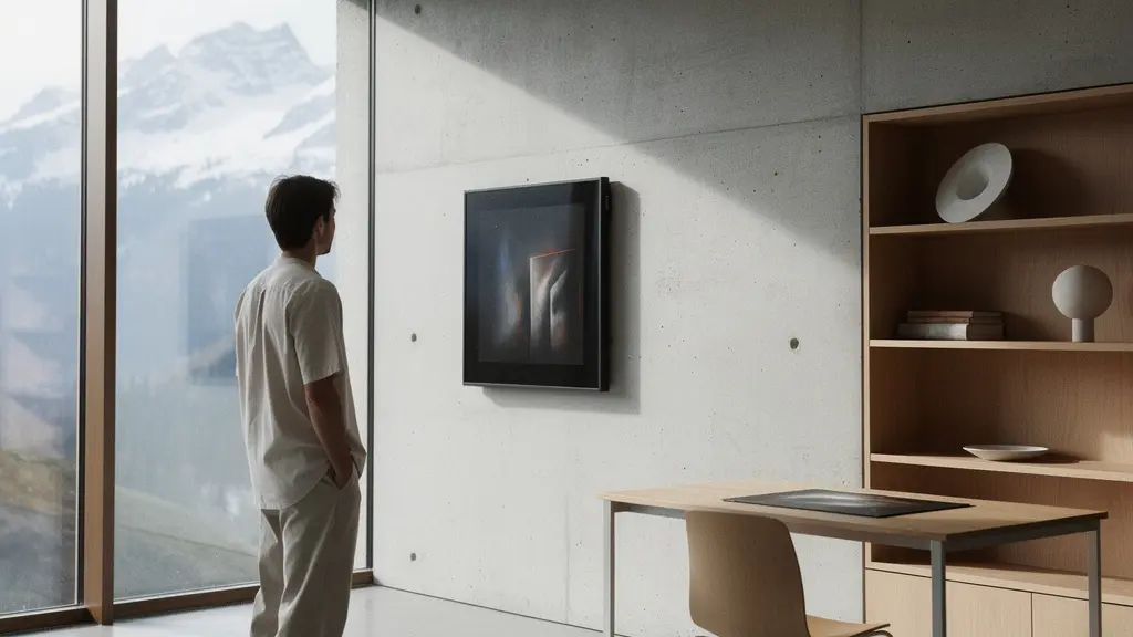 Digitalkünstler präsentiert NFT-Sammlung in modernem Schweizer Atelier mit Blockchain-Visualisierung