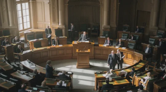 Parlamentssaal mit Abgeordneten in einer intensiven Diskussion über Gesetzesvorlagen